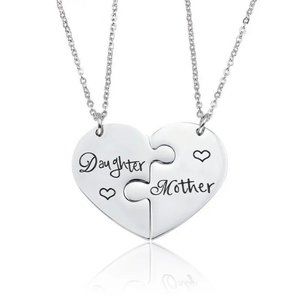 NEW "Mother & Daughter" Puzzle Heart Necklaces Silver 18"+